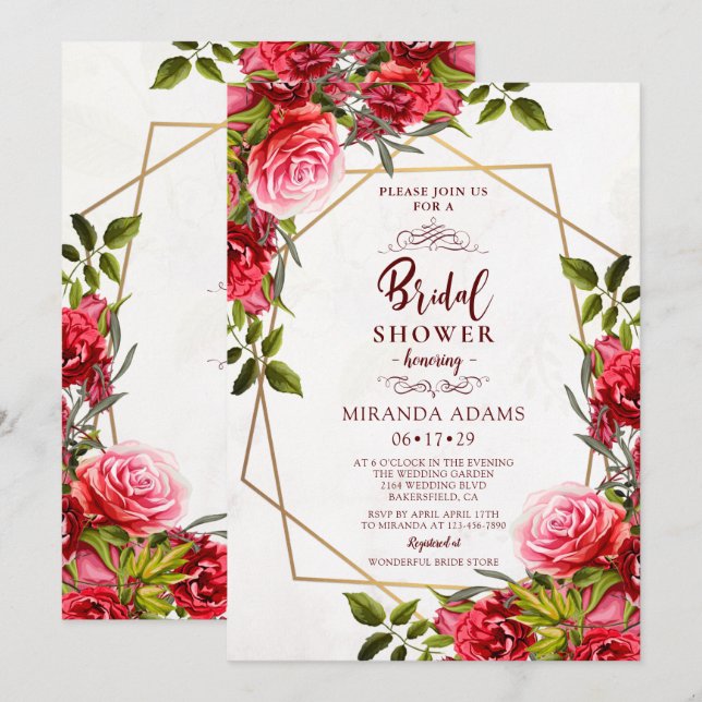 Invitación Elegante Floral Burgundy Gold Frame Bridal Shower (Anverso / Reverso)