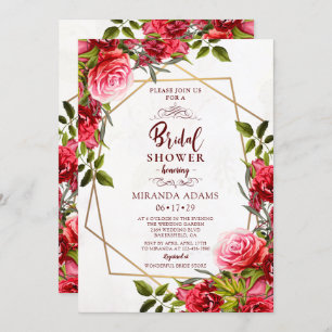 Invitación Elegante Floral Burgundy Gold Frame Bridal Shower