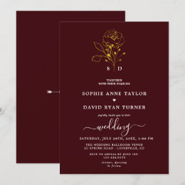 Invitación Elegante Floral Burgundy Profundo Monograma Boda