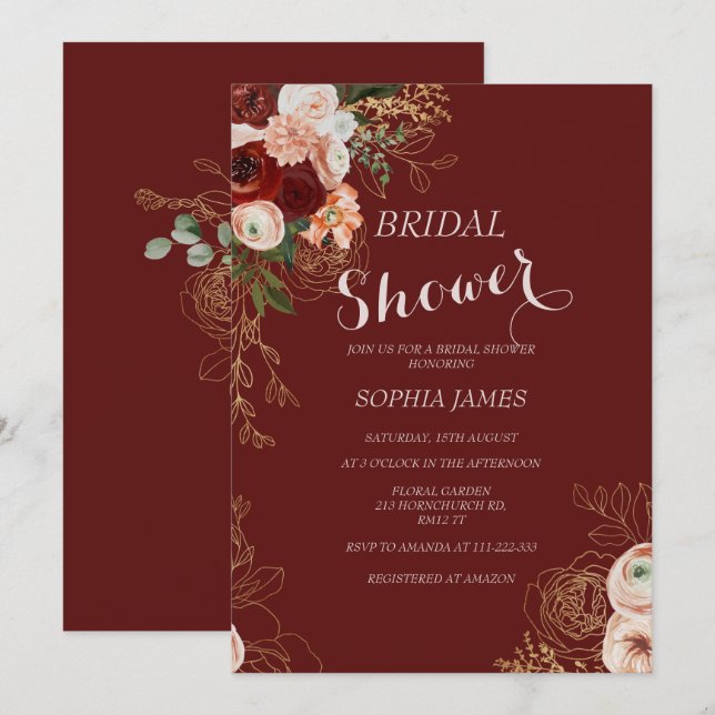 Invitación Elegante Floral Burgundy Rubor Gold (Anverso / Reverso)