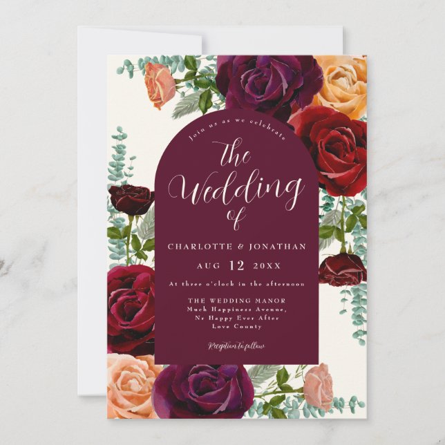 Invitación Elegante floral caída Burgundy Naranja Boda (Anverso)