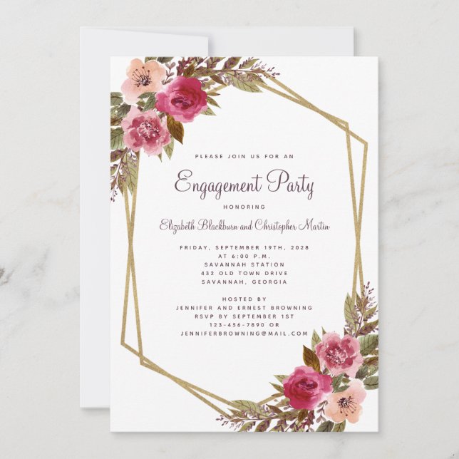 Invitación Elegante floral Cassis Purple Gold Engagement Part (Anverso)