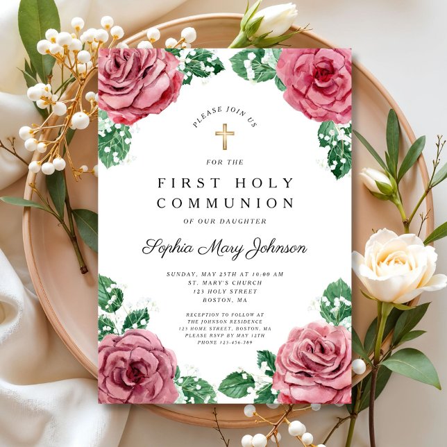 Invitación Elegante floral Chica religioso primera comunión (Elegant Floral Religious Girl First Communion Invitation)
