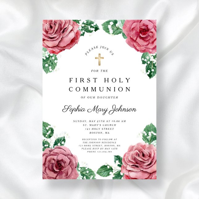 Invitación Elegante floral Chica religioso primera comunión (Red Floral Religious Cross Girl First Communion Invitation)