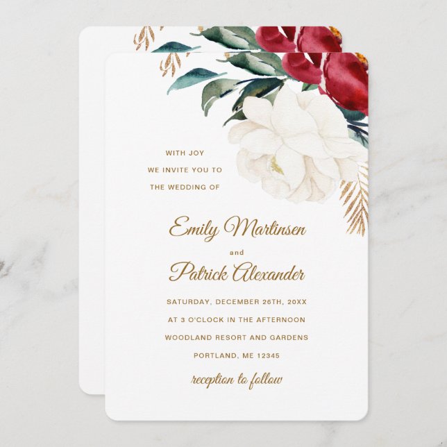 Invitación Elegante floral con Boda de Navidades verdes (Anverso / Reverso)