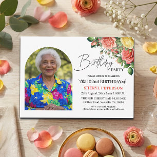 Invitación Elegante floral con foto Cumpleaños 102