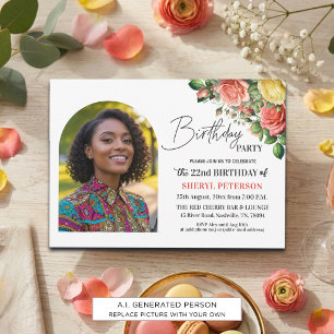 Invitación Elegante floral con foto Cumpleaños 22