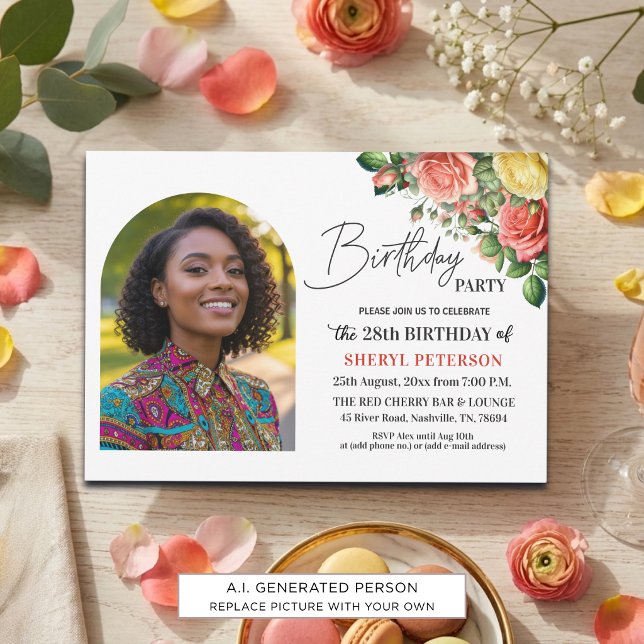 Invitación Elegante floral con foto Cumpleaños 28  (Subido por el creador)
