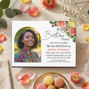 Invitación Elegante floral con foto Cumpleaños 31
