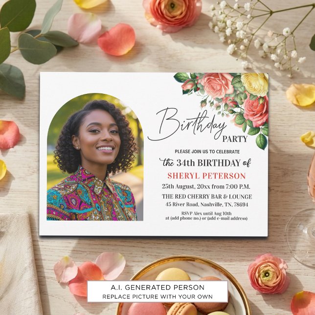 Invitación Elegante floral con foto Cumpleaños 34  (Subido por el creador)