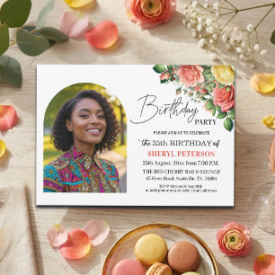 Invitación Elegante floral con foto Cumpleaños 35 