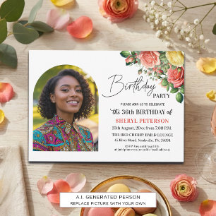 Invitación Elegante floral con foto Cumpleaños 36