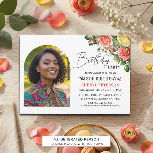 Invitación Elegante floral con foto Cumpleaños 37