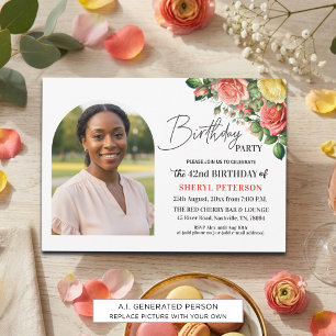Invitación Elegante floral con foto cumpleaños 42 