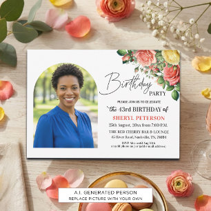 Invitación Elegante floral con foto cumpleaños 43