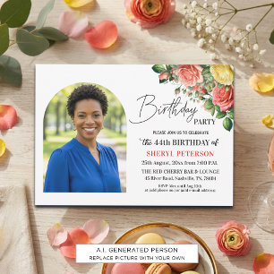Invitación Elegante floral con foto Cumpleaños 44