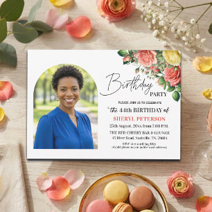 Invitación Elegante floral con foto Cumpleaños 44 