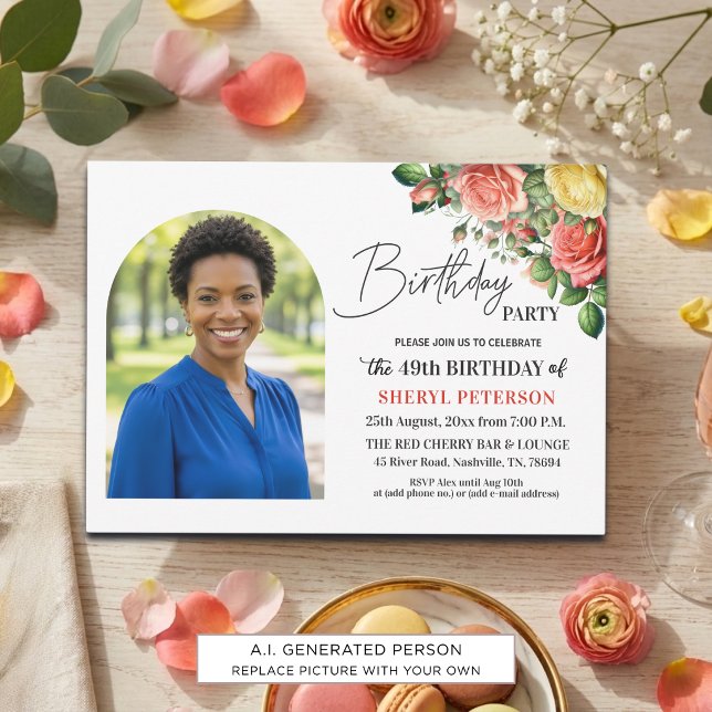Invitación Elegante floral con foto cumpleaños 49  (Subido por el creador)