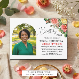 Invitación Elegante floral con foto Cumpleaños 52