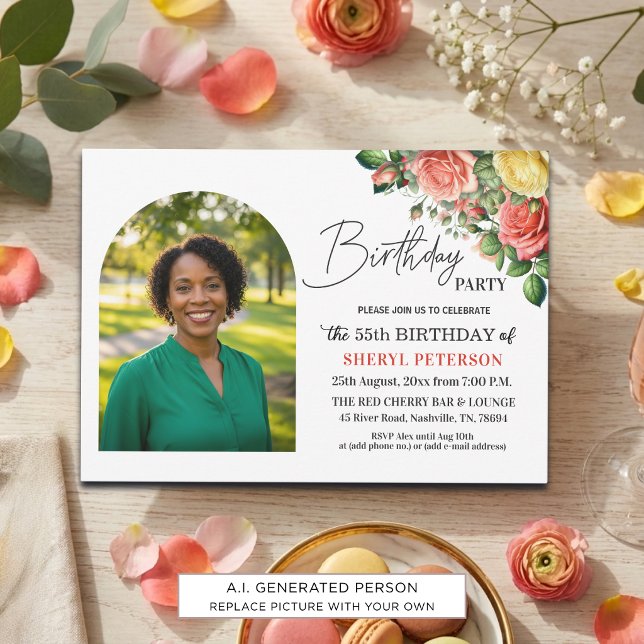 Invitación Elegante floral con foto Cumpleaños 55 (Subido por el creador)