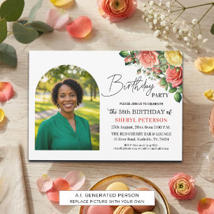 Invitación Elegante floral con foto Cumpleaños 58