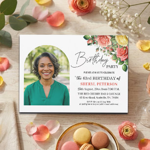 Invitación Elegante floral con foto Cumpleaños 63
