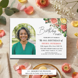 Invitación Elegante floral con foto Cumpleaños 64