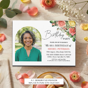 Invitación Elegante floral con foto Cumpleaños 66