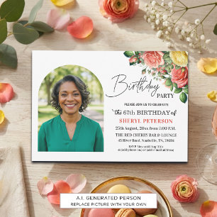 Invitación Elegante floral con foto Cumpleaños 67