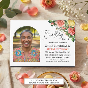 Invitación Elegante floral con foto Cumpleaños 75
