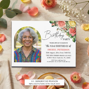 Invitación Elegante floral con foto cumpleaños 83 