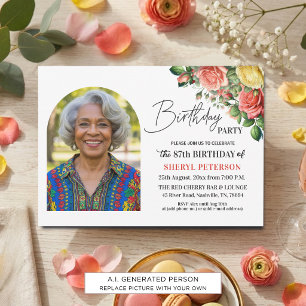 Invitación Elegante floral con foto Cumpleaños 87