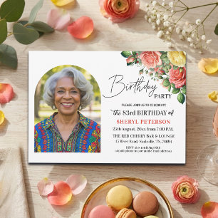 Invitación Elegante floral con foto de cumpleaños número 83
