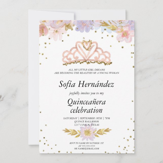 Invitación Elegante floral con Tiara Quinceañera (Anverso)