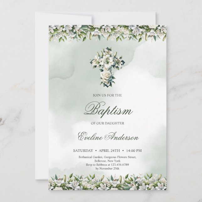 Invitación Elegante floral cruz lirios blancos y rosas Bautis (Anverso)