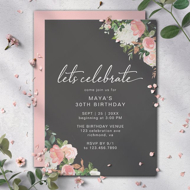 Invitación Elegante floral Cute Girly negro y rosa cumpleaños (Subido por el creador)