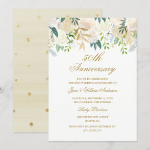Invitación Elegante Floral de Acuarela Dorada Aniversario