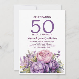 Invitación Elegante floral de acuarela púrpura 50 aniversario