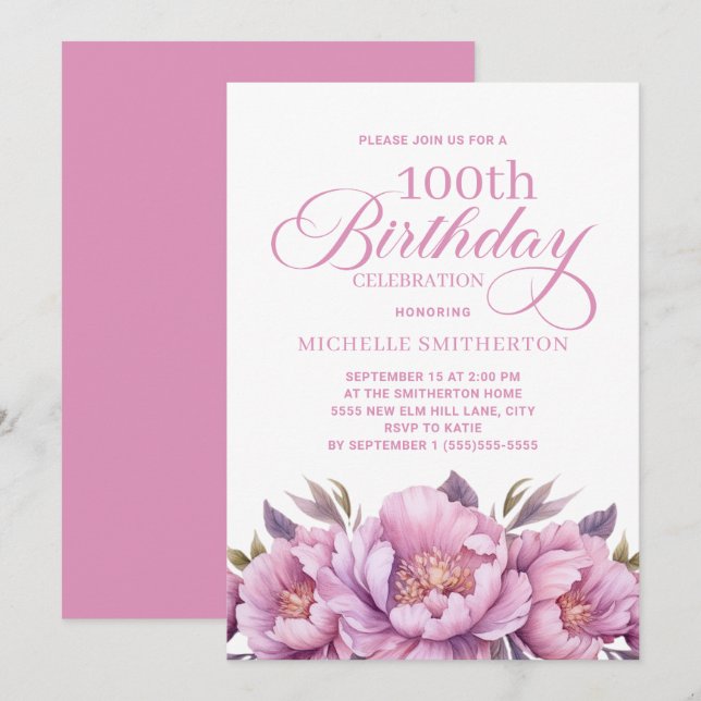 Invitación Elegante Floral de Acuarela Rosa Cumpleaños 100 (Anverso / Reverso)