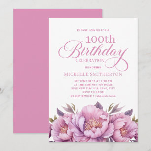 Invitación Elegante Floral de Acuarela Rosa Cumpleaños 100