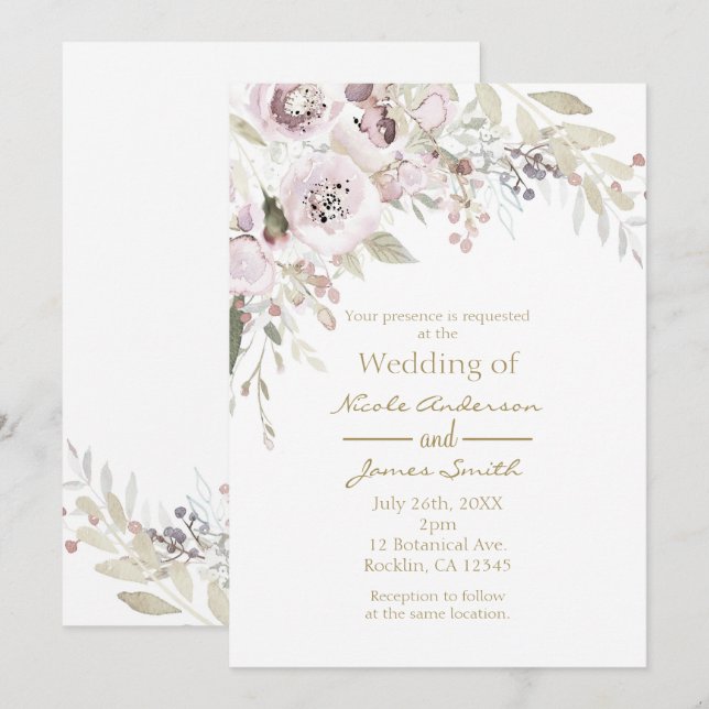 Invitación Elegante Floral de Boda Nupcial Rosa Suave en Acua (Anverso / Reverso)