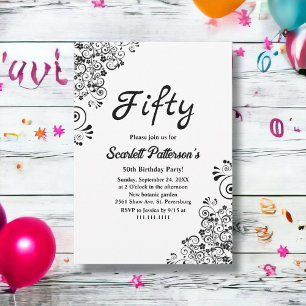 Invitación Elegante Floral de Boho Blanco y Negro 50 cumpleañ
