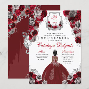Invitación Elegante floral de color rojo y plata Quinceañera