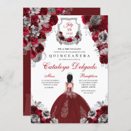 Invitación Elegante floral de color rojo y plata Quinceañera