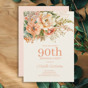 Invitación Elegante Floral de Crema de Melocotón Cumpleaños 9
