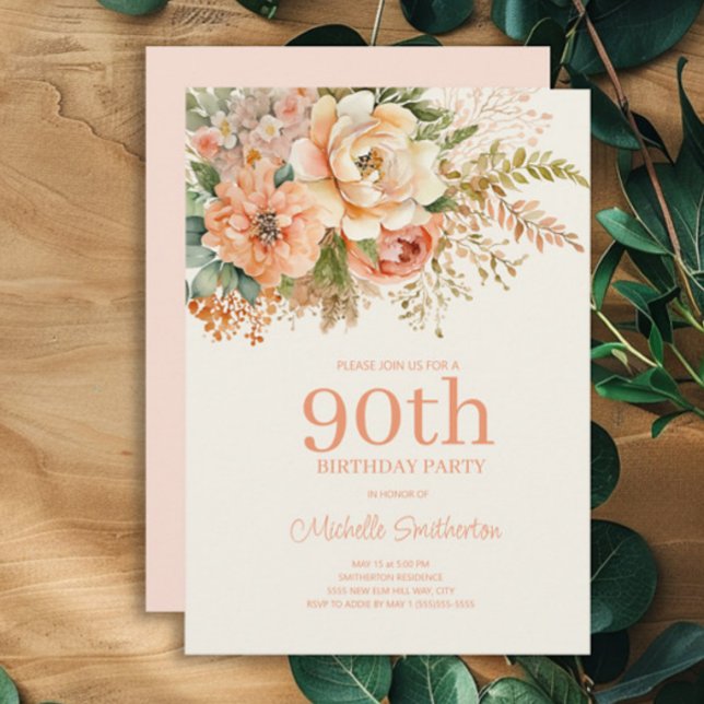 Invitación Elegante Floral de Crema de Melocotón Cumpleaños 9 (Peach and cream watercolor floral 90th birthday party invitation)