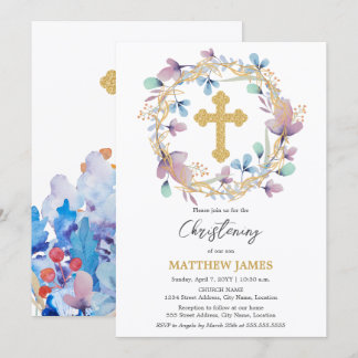 Invitación Elegante floral de cruz dorada