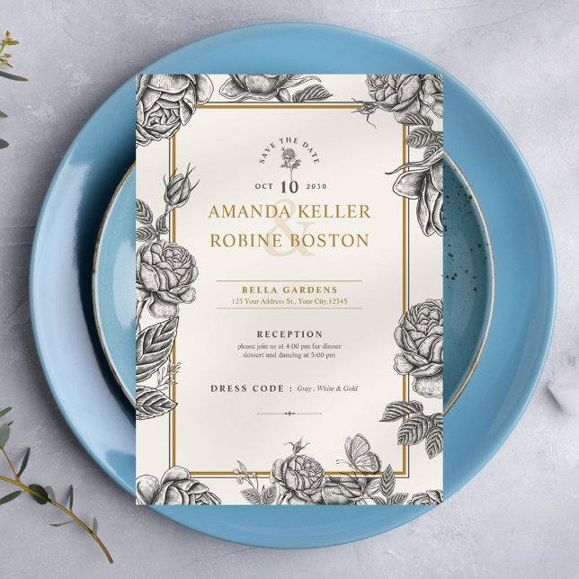 Invitación Elegante Floral de época salva al Boda de fechas (Subido por el creador)