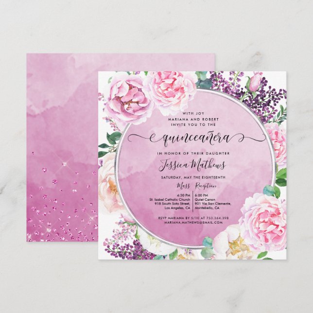 Invitación Elegante Floral de Fuchsia, acuarela Quinceañera (Anverso / Reverso)