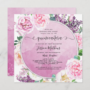 Invitación Elegante Floral de Fuchsia, acuarela Quinceañera